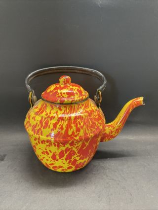 Antique Graniteware End Of Day Yellow And Red Swirl Coffee Pot Rare Color