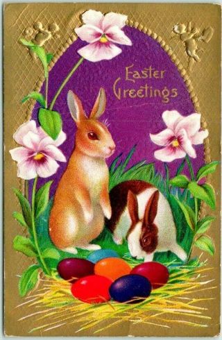 Vintage 1912 Easter Greetings Embossed Postcard Bunny Rabbits / Colored Eggs