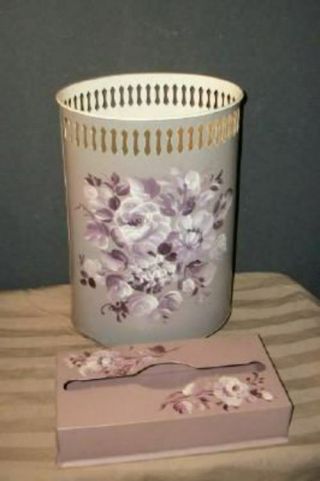 Tole Roses Trash Can Waste Basket Tissue Box French Farmhouse Hp Rare Colors