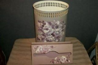 TOLE ROSES TRASH CAN WASTE BASKET TISSUE BOX FRENCH FARMHOUSE HP RARE COLORS 2
