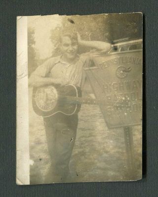 Man W/ Dobro Guitar & Pa Highway Patrol Sign Vintage Photo 462150
