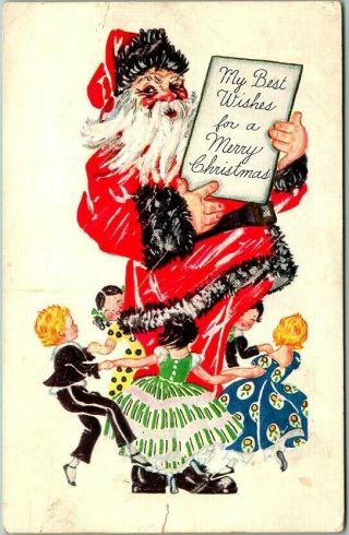 Vintage Christmas Greetings Postcard Santa Claus W/ Dancing Children 1926 Cancel
