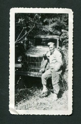 Wwii Army Truck Command Car Soldier Smoking Pipe Ft Lewis Vintage Photo 460167