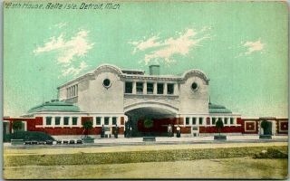 Vintage 1910s Detroit Michigan Postcard " Bath House,  Belle Isle " Building View