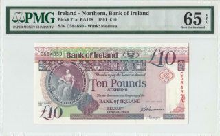 1991 Northern Ireland Belfast 10 Pounds Rare ( (pmg 65 Epq))