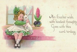 Easter Vintage Pc Art Deco Little Girl Hugs White Bunny Rabbit S Bergman Flowers