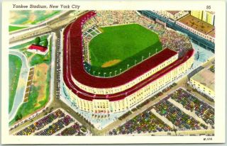 Vintage 1930s York City Postcard Yankee Stadium Aerial View Bronx Linen