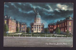 Old Vintage 1908 Postcard Of City Hospital Boston Ma At Night