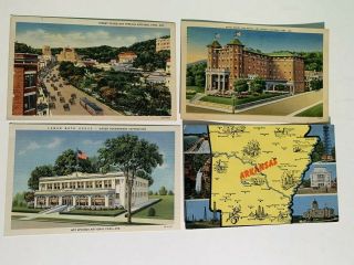 4 Vintage Postcards - Hot Springs Arkansas - Street Scene,  Lamar Bath House,  Hotel