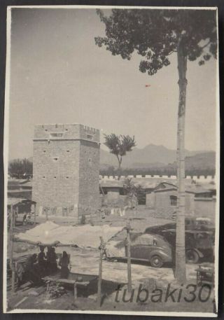 Kq6 China Hebei Zhuo 河北琢縣 1930s Photo Village Tower Japan Army Soldiers In Shade