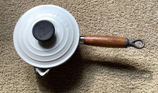 Rare Vintage Le Creuset White Pan With Lid Number 14 Cast Iron Wooden Handle