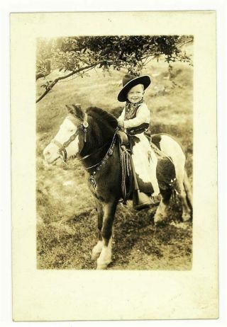 Little Boy Cowboy In Cowboy Hat & Western Costume On Horse / Pony Vintage Photo