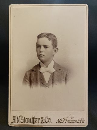 Antique Cabinet Card Photo Young Boy W Bow Tie Mt Pleasant Pennsylvania Pa 1893