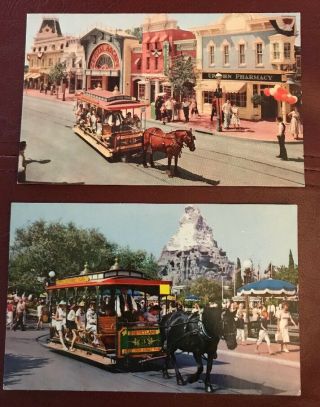 2 Vintage Postcards Walt Disney World Horse Drawn Street Cars On Main St 1970s