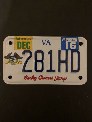 Virginia Harley Owners Group Hog Vanity Motorcycle License Plate Rare 281hd