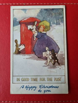 Vintage Raphael Tuck Oilette Postcard.  In Good Time For The Box,  Happy Xmas