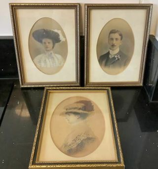 Three Antique Framed Photos Of Woman And Man On Wedding Day 1903 Edwardian
