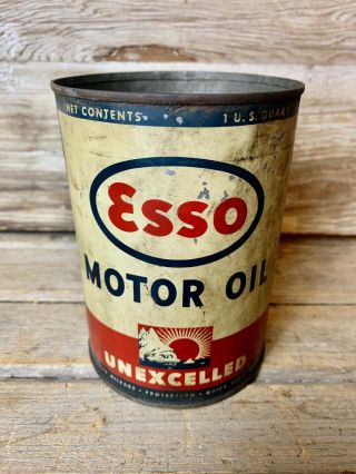 Rare Vintage Esso Unexcelled Motor Oil 1 Qt.  Metal Motor Oil Can Service Station