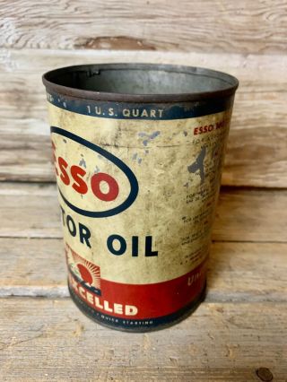 Rare Vintage Esso Unexcelled Motor Oil 1 Qt.  Metal Motor Oil Can Service Station 2