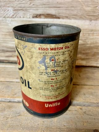 Rare Vintage Esso Unexcelled Motor Oil 1 Qt.  Metal Motor Oil Can Service Station 3