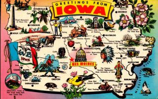 Vintage Postcard - Greetings From Iowa - Illustrated Landmark Map Bk27