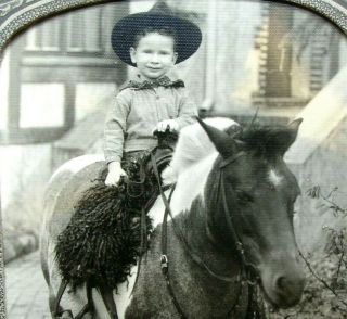 Vintage Photo Little Boy in Cowboy Hat & Chaps Costume on PONY / Horse 1930s 5x8 2
