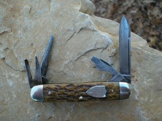 Very Rare Vintage (dwight Divine & Sons) Four Blade Bovine Jig Bone Scout Knife