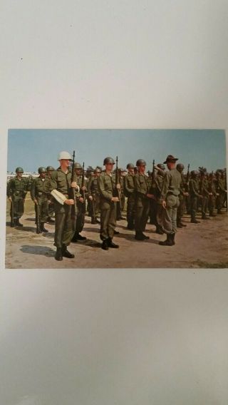Vintage Military Postcard.  Fort Bragg,  Nc.  Troops Present Arms During Drill.