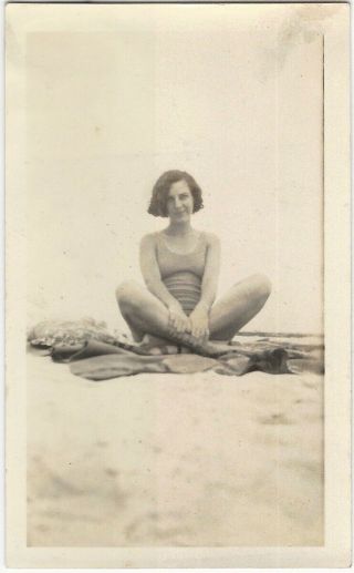 Pretty Young Woman In Swimsuit Sits On Ocean Beach Vintage Seaside Snapshot