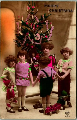 Vintage Merry Christmas Real Photo Postcard Girls Holding Hands Xmas Tree France