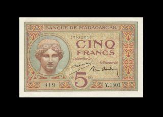 1937 French Africa " Madagascar " 5 Francs Rare " Y " ( (gem Unc))