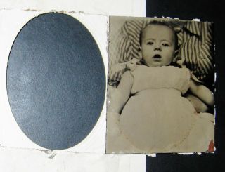 Tintype Photo Of Cute Baby Sitting On Lap Of Hidden Mother Wearing Striped Dress