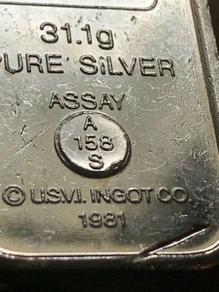 Very Rare - A - Mark.  999 1 Oz Silver Bar Usvi Ingot Co - Raised Assay Mark