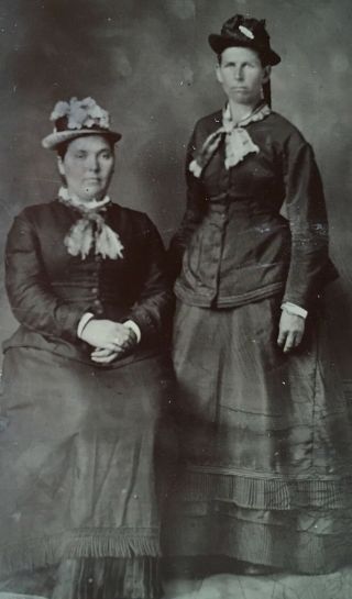 Antique American Two Young Ladies Fancy Dresses Hats Tintype Photo