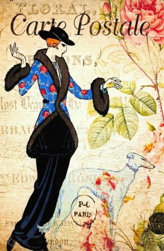 Postcard French Vintage Shabby Chic Style Lady Fashion,  Dress,  Dog,  Floral 89j