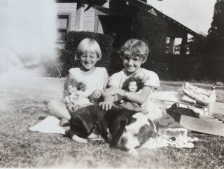 Vtg 1920’s Photo 2 Young School Girls Dolls & Boston Terrier Dog