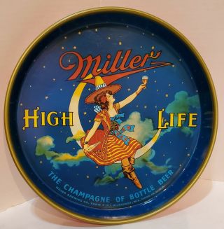 Rare Vtg 12 " Miller High Life Girl On Moon Round Metal Tray Great Colors (a1)