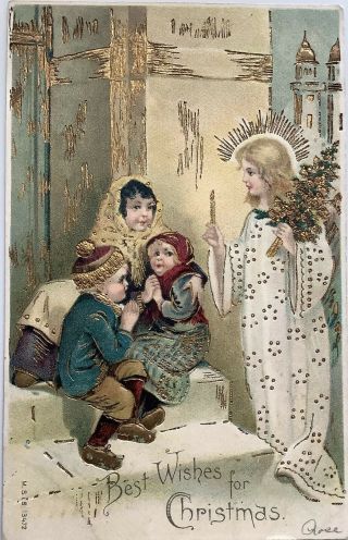 Vintage Postcard Christmas Guardian Angel Children Gold Foil 1905 Msb Usb