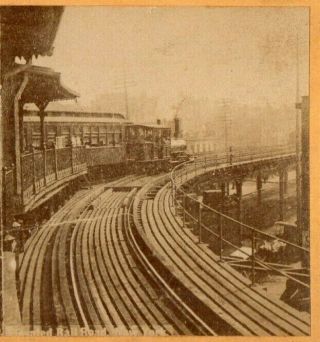 Train On The Elevated Railroad,  York City.  Stereoview Photo