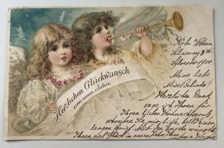 Vintage German Year’s Postcard Angels Blowing The Horn Bugle Dated 1900