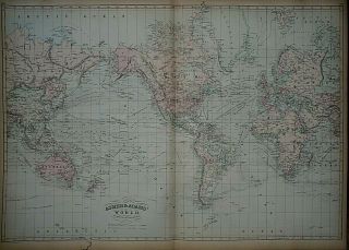 Rare Vintage 1872 Atlas Map Of The World Old & Authentic S&h