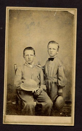 Civil war era Antique CDV Photo TWO LITTLE BOYS FASHION HAT 2