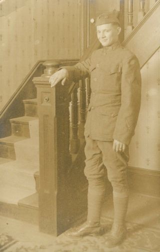 Young Man In Military / Army Uniform By The Stairs - Vintage Rppc Postcard