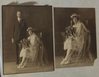 Two Antique Vtg Sepia Wedding Photos Bride And Groom Southern Indiana Estate