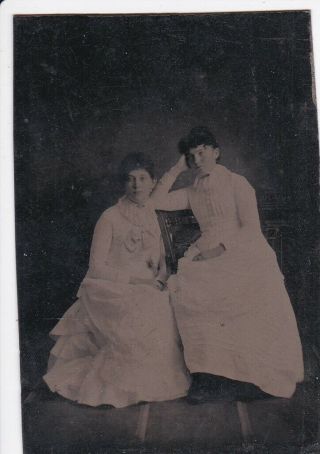 Tin Type Victorian Young Ladies Draped Dress,  White Lace Large Collar,  Curly Bang
