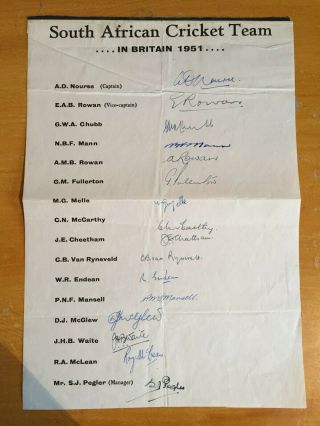 1951 Signed By All 16 South Africa Rare Team Sheet To Gb Nourse Endean Waite Mel