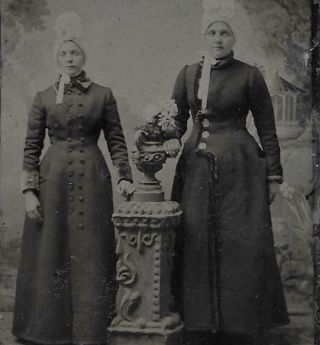Tintype Photo T135 2 Women Posing W/ Interesting Head Wraps & Black Dresses