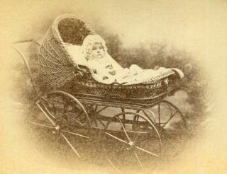 Cabinet Card Photo Baby W Bonnet In Wicker Pram Carriage England