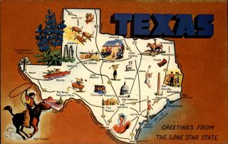 Greetings From Texas Lone Star State Map 1950s - 60s Vintage Postcard