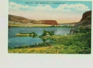 Vtg Linen Postcard Park Lake Lower Grand Coulee Washington Dry Falls State Park